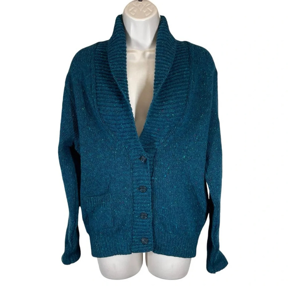 Lands’ End blue speckled wool sweater cardigan preppy rolled collar medium - Picture 1 of 9